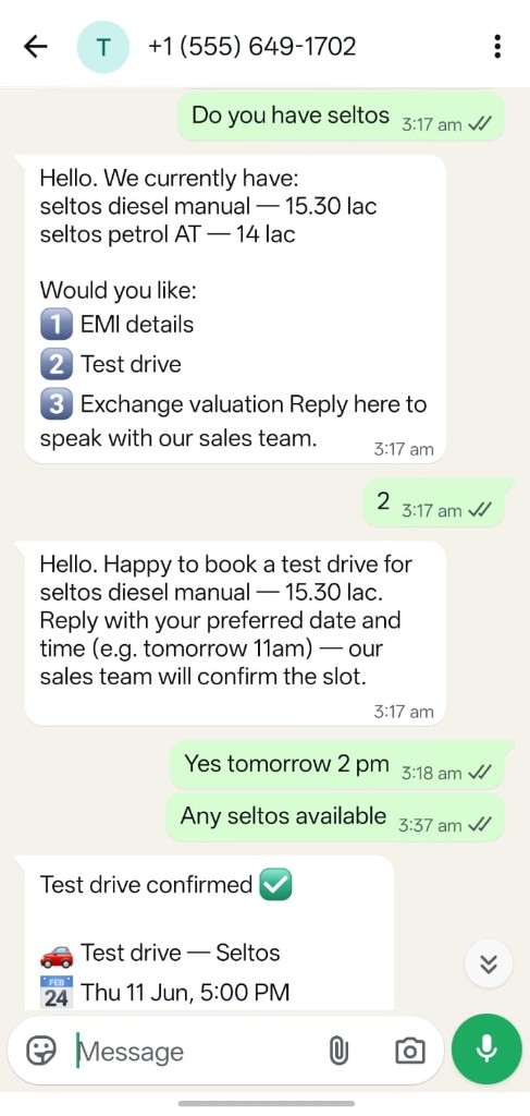 WhatsApp AI auto reply — Seltos pricing, test drive booking and confirmation