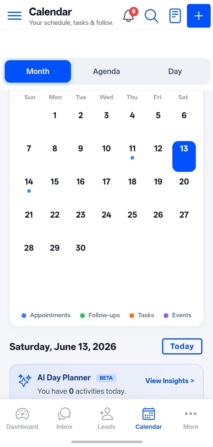 BizFlow AI day planner — calendar and scheduled appointments