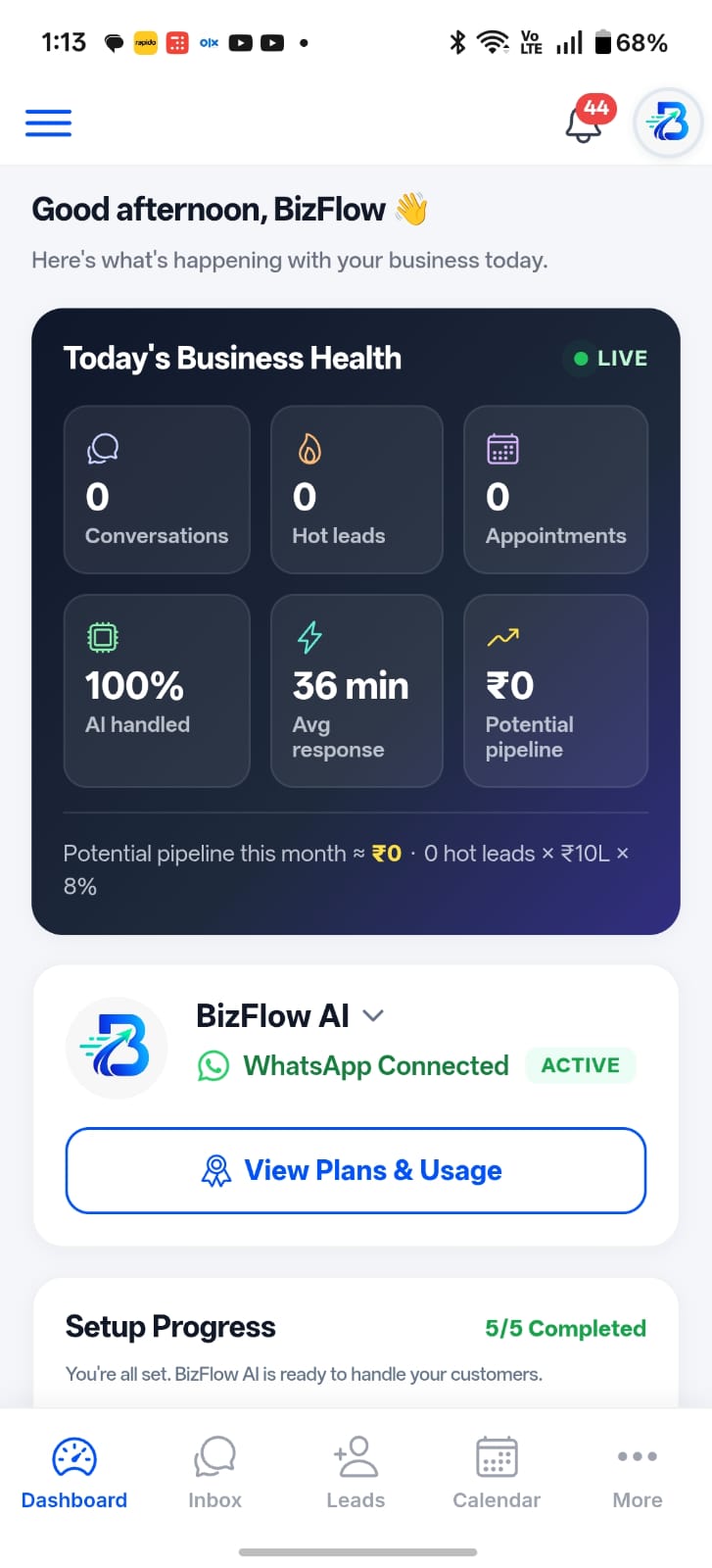 BizFlow AI dashboard — business health, leads and WhatsApp connection