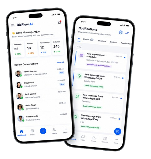 BizFlow AI app — dashboard with leads, recent conversations and WhatsApp notifications