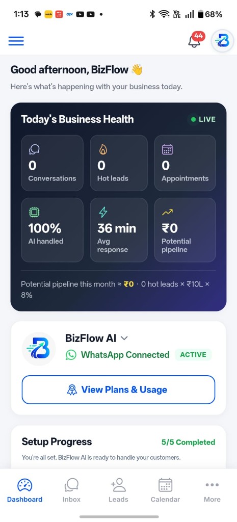 BizFlow AI dashboard — business health, hot leads, pipeline and WhatsApp connection